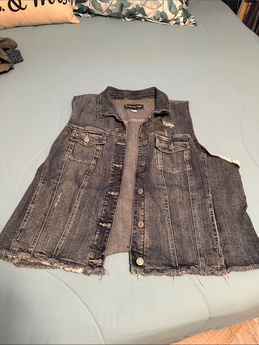 Maurices Distressed Dark Denim Sleeveless Jacket